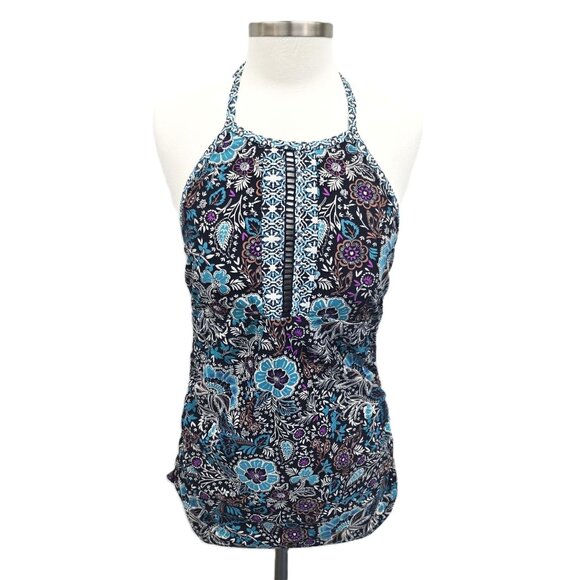 Merona Womens Halter Style Floral Tankini Swim Top w/Tie Back Neck Size L Beach - Picture 1 of 12